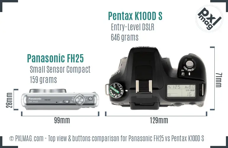 Panasonic FH25 vs Pentax K100D S top view buttons comparison