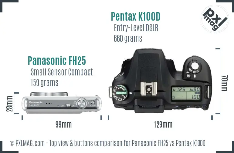 Panasonic FH25 vs Pentax K100D top view buttons comparison