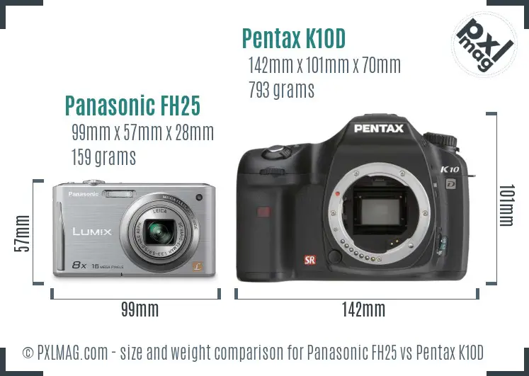 Panasonic FH25 vs Pentax K10D size comparison