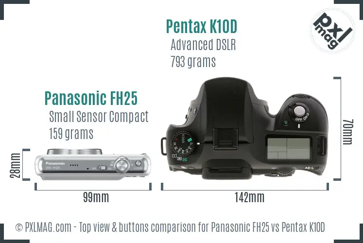 Panasonic FH25 vs Pentax K10D top view buttons comparison