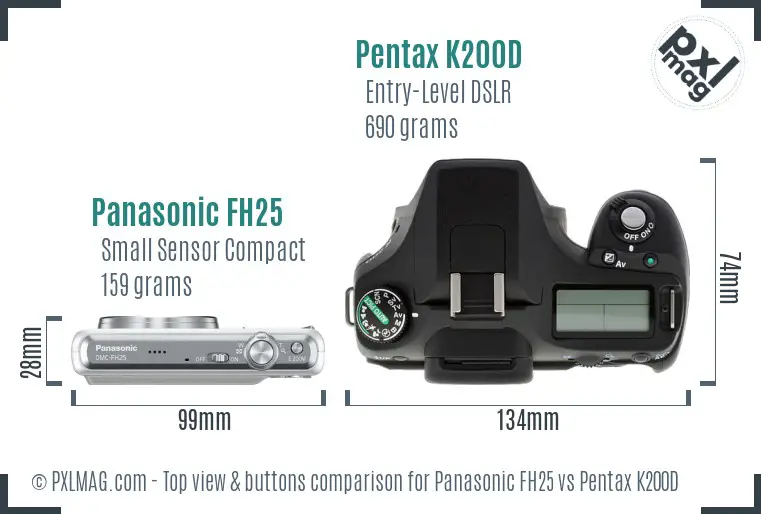 Panasonic FH25 vs Pentax K200D top view buttons comparison