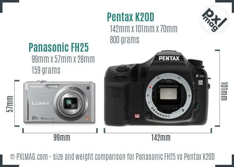 Panasonic FH25 vs Pentax K20D size comparison
