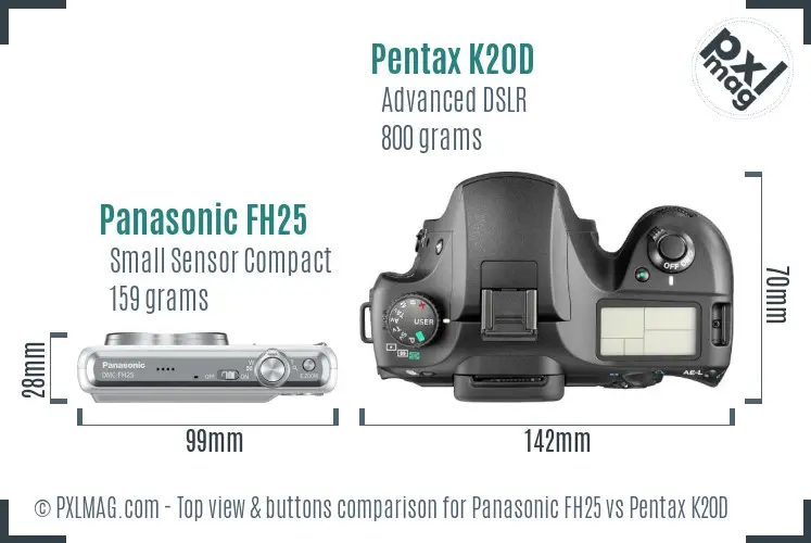 Panasonic FH25 vs Pentax K20D top view buttons comparison