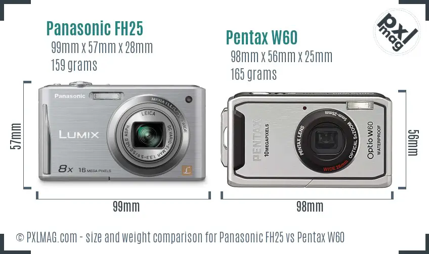 Panasonic FH25 vs Pentax W60 size comparison