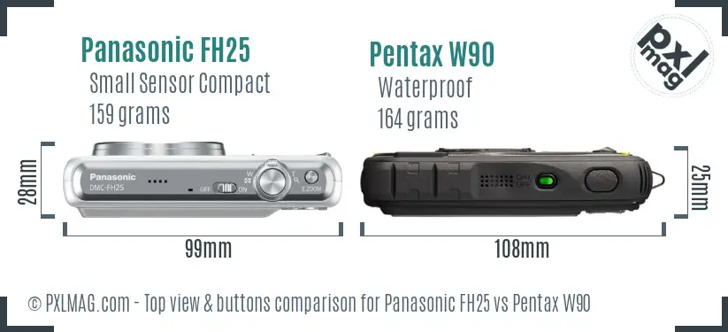 Panasonic FH25 vs Pentax W90 top view buttons comparison