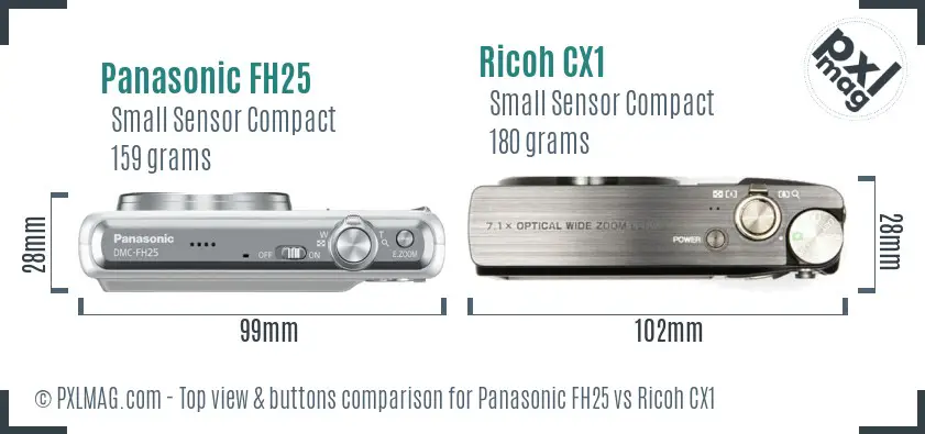 Panasonic FH25 vs Ricoh CX1 top view buttons comparison