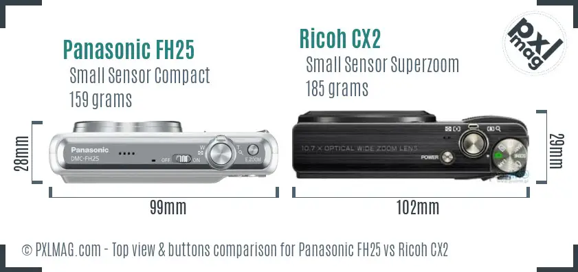 Panasonic FH25 vs Ricoh CX2 top view buttons comparison