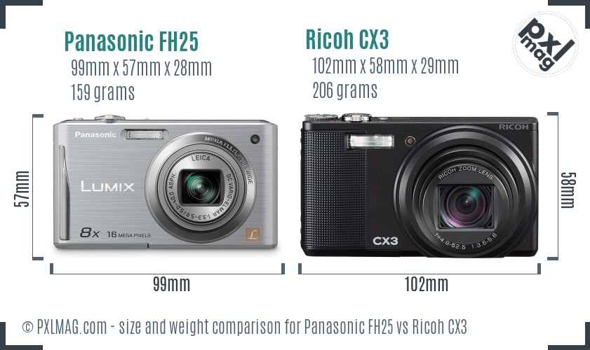 Panasonic FH25 vs Ricoh CX3 size comparison