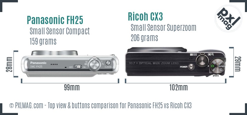 Panasonic FH25 vs Ricoh CX3 top view buttons comparison