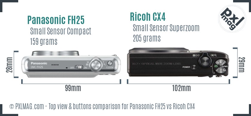 Panasonic FH25 vs Ricoh CX4 top view buttons comparison