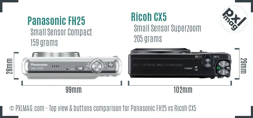 Panasonic FH25 vs Ricoh CX5 top view buttons comparison