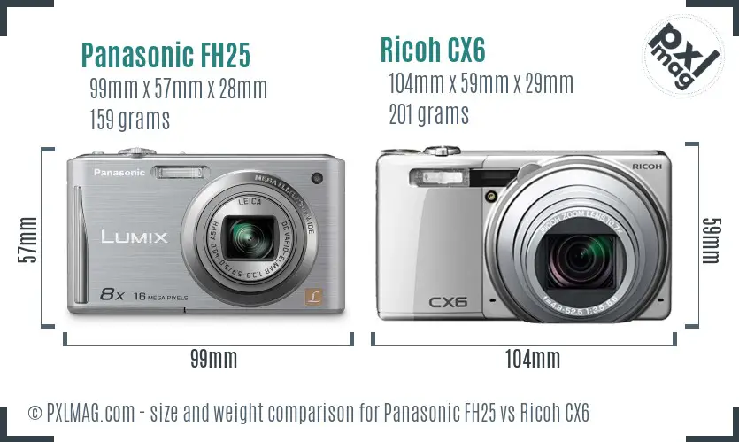 Panasonic FH25 vs Ricoh CX6 size comparison