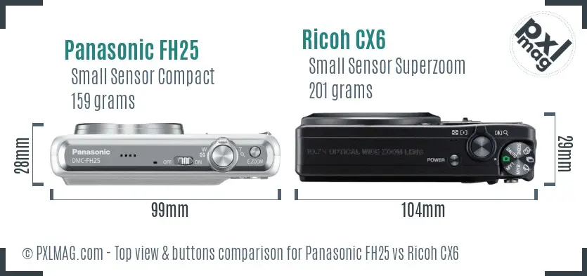 Panasonic FH25 vs Ricoh CX6 top view buttons comparison