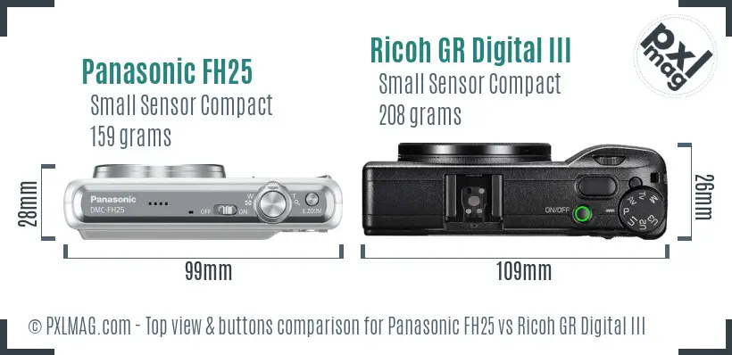 Panasonic FH25 vs Ricoh GR Digital III top view buttons comparison