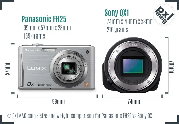 Panasonic FH25 vs Sony QX1 size comparison