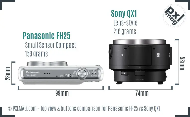 Panasonic FH25 vs Sony QX1 top view buttons comparison