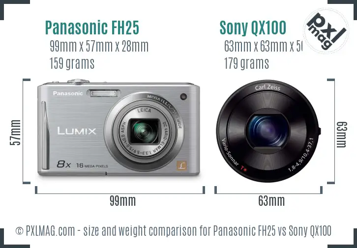 Panasonic FH25 vs Sony QX100 size comparison