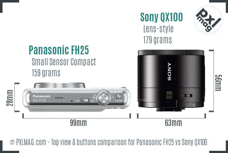Panasonic FH25 vs Sony QX100 top view buttons comparison