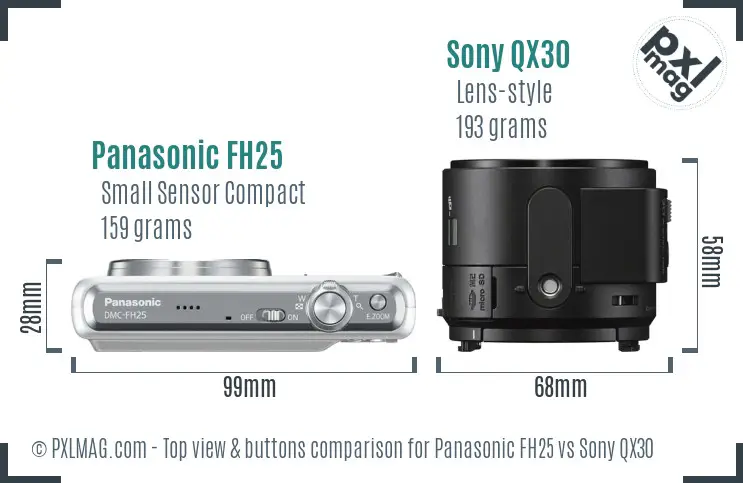 Panasonic FH25 vs Sony QX30 top view buttons comparison