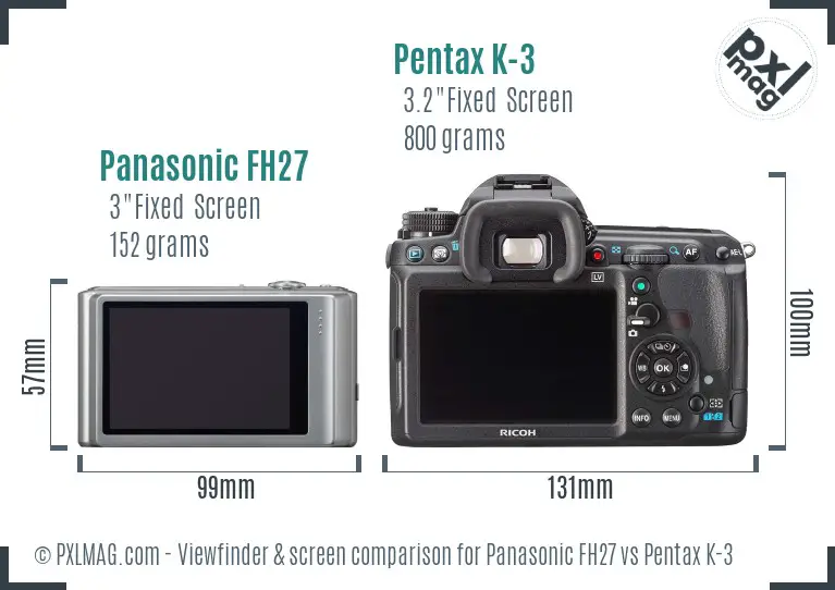 Panasonic FH27 vs Pentax K-3 Screen and Viewfinder comparison