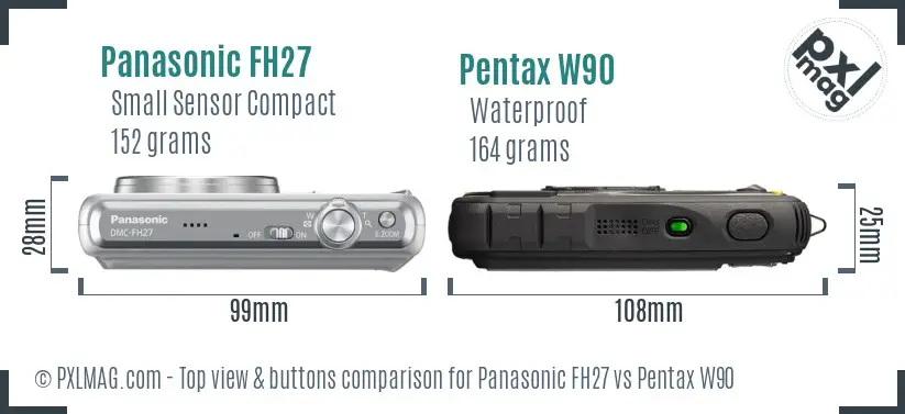 Panasonic FH27 vs Pentax W90 top view buttons comparison