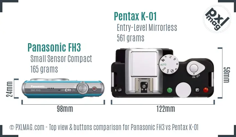 Panasonic FH3 vs Pentax K-01 top view buttons comparison