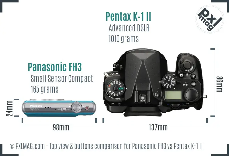 Panasonic FH3 vs Pentax K-1 II top view buttons comparison