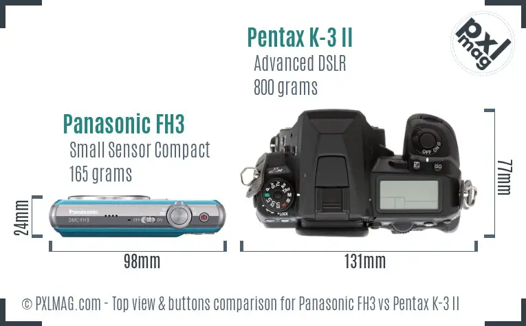 Panasonic FH3 vs Pentax K-3 II top view buttons comparison