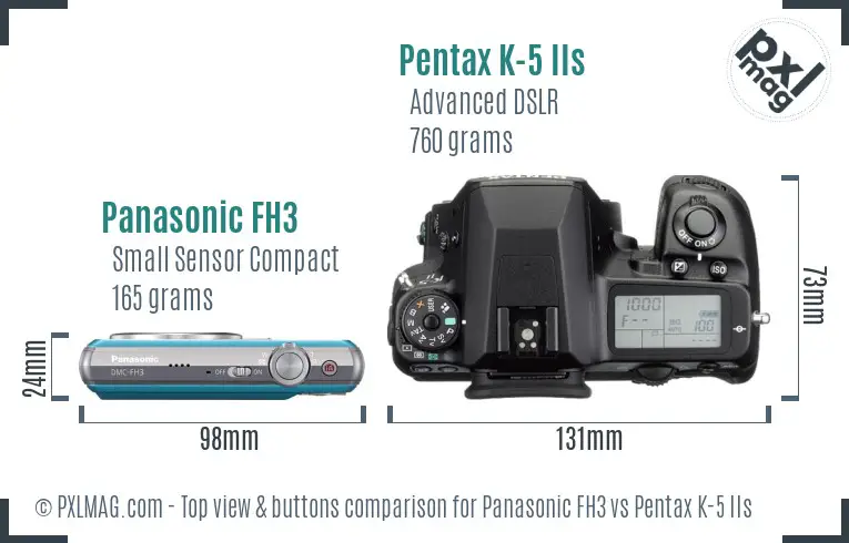 Panasonic FH3 vs Pentax K-5 IIs top view buttons comparison