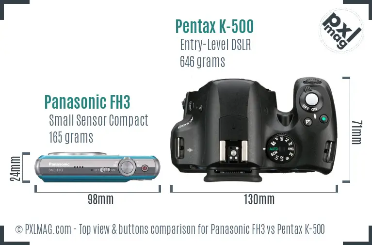 Panasonic FH3 vs Pentax K-500 top view buttons comparison Panasonic FH3 vs Pentax K-500 top view buttons comparison