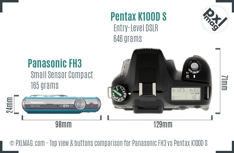 Panasonic FH3 vs Pentax K100D S top view buttons comparison