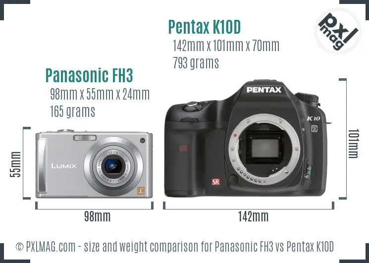 Panasonic FH3 vs Pentax K10D size comparison