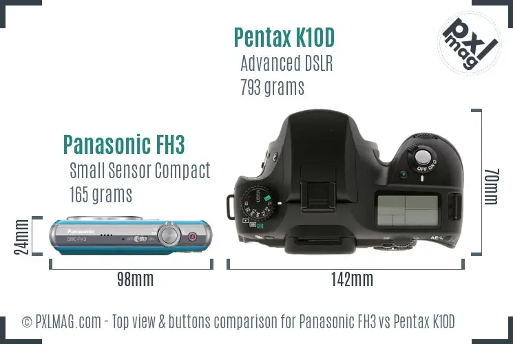 Panasonic FH3 vs Pentax K10D top view buttons comparison