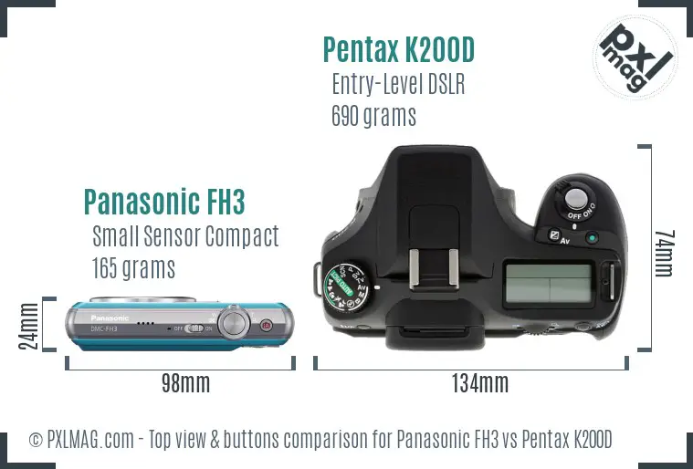 Panasonic FH3 vs Pentax K200D top view buttons comparison