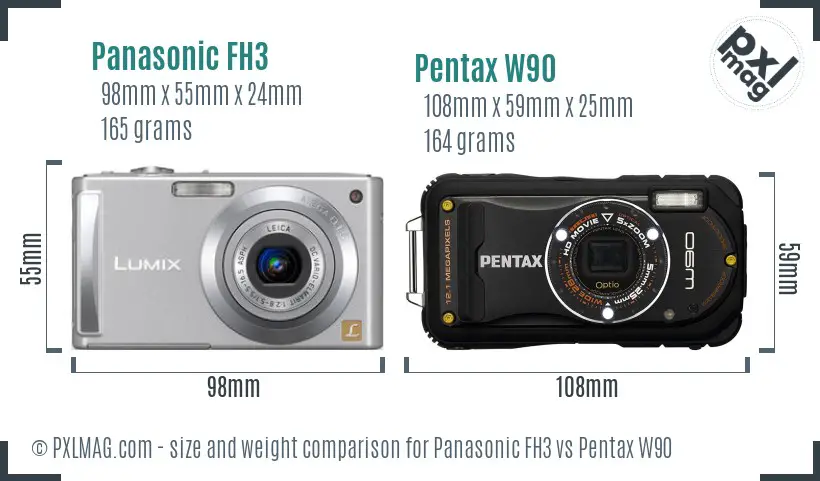 Panasonic FH3 vs Pentax W90 size comparison