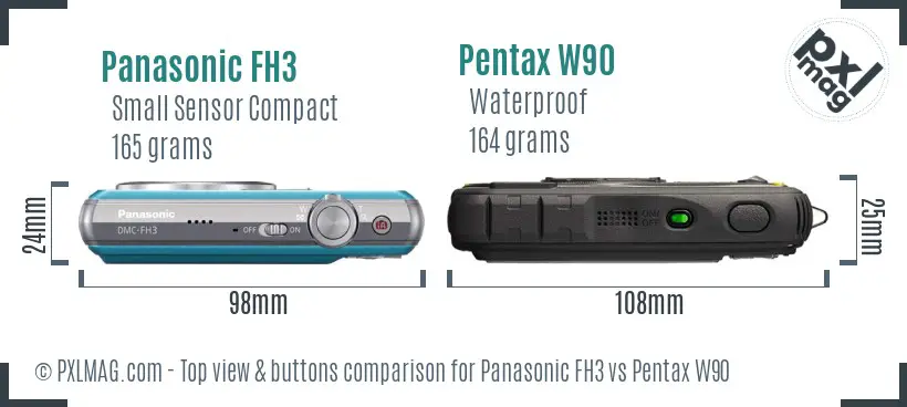 Panasonic FH3 vs Pentax W90 top view buttons comparison