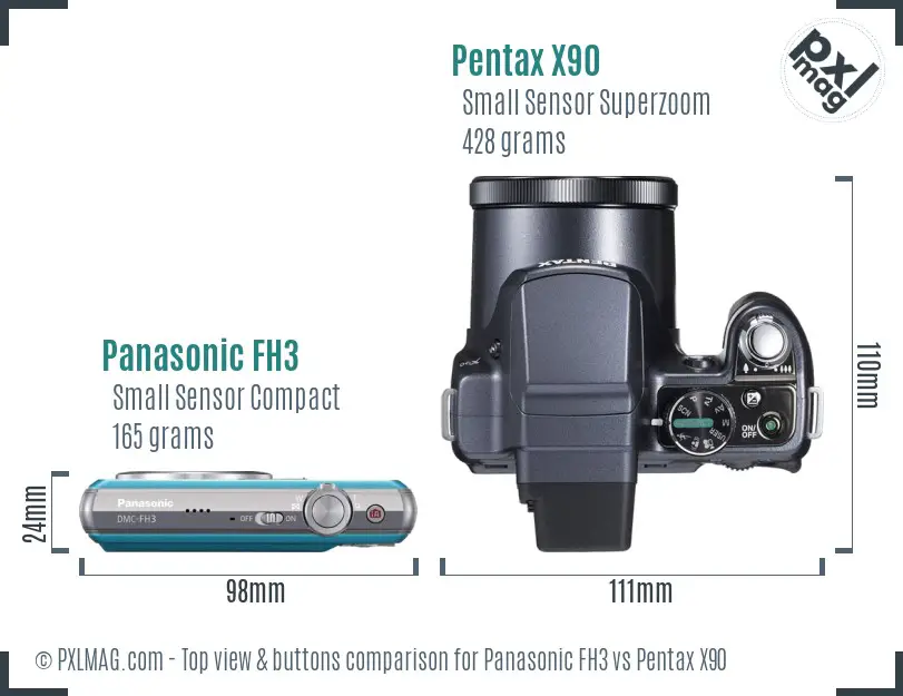 Panasonic FH3 vs Pentax X90 top view buttons comparison