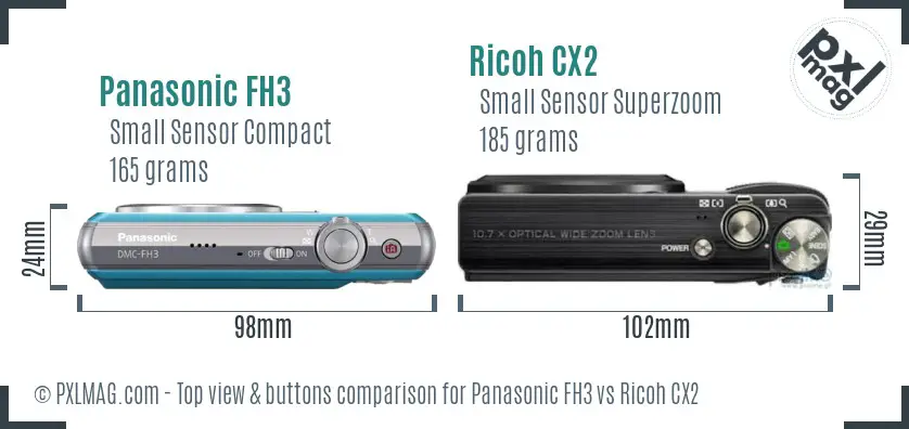 Panasonic FH3 vs Ricoh CX2 top view buttons comparison