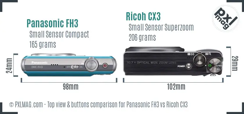 Panasonic FH3 vs Ricoh CX3 top view buttons comparison