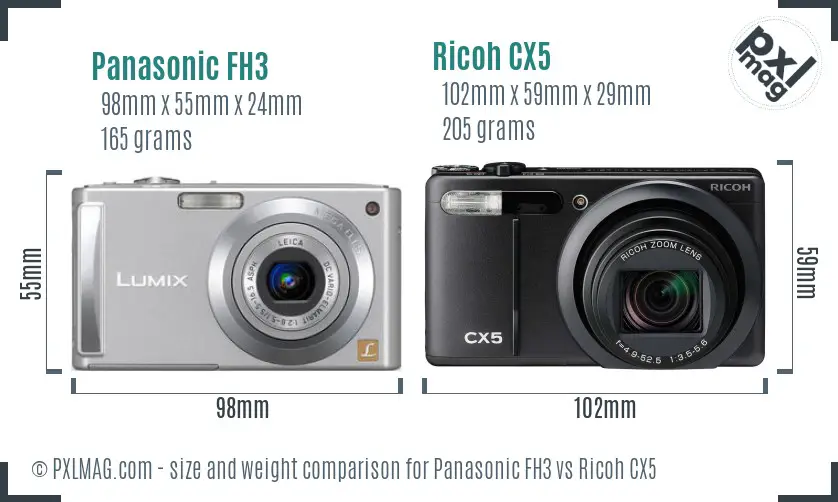 Panasonic FH3 vs Ricoh CX5 size comparison