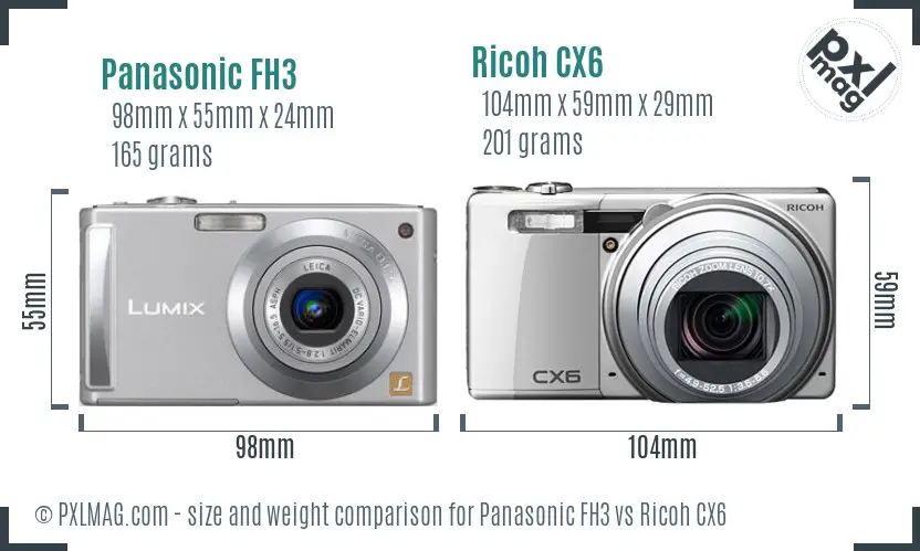 Panasonic FH3 vs Ricoh CX6 size comparison