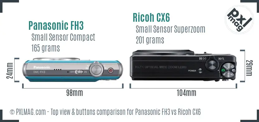 Panasonic FH3 vs Ricoh CX6 top view buttons comparison