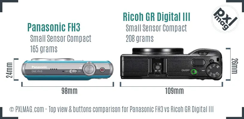 Panasonic FH3 vs Ricoh GR Digital III top view buttons comparison