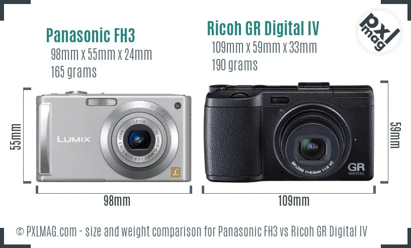 Panasonic FH3 vs Ricoh GR Digital IV size comparison