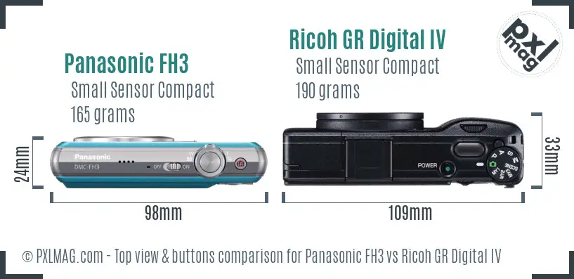 Panasonic FH3 vs Ricoh GR Digital IV top view buttons comparison