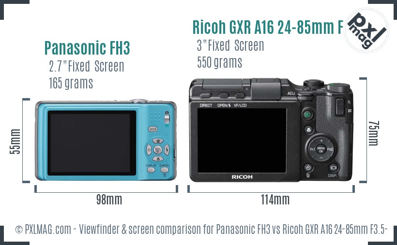 Panasonic FH3 vs Ricoh GXR A16 24-85mm F3.5-5.5 Screen and Viewfinder comparison