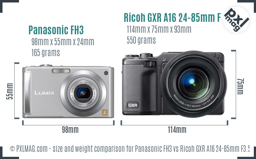 Panasonic FH3 vs Ricoh GXR A16 24-85mm F3.5-5.5 size comparison Panasonic FH3 vs Ricoh GXR A16 24-85mm F3.5-5.5 size comparison