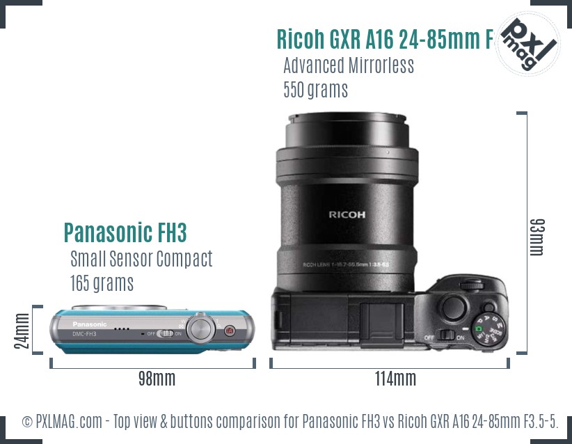 Panasonic FH3 vs Ricoh GXR A16 24-85mm F3.5-5.5 top view buttons comparison