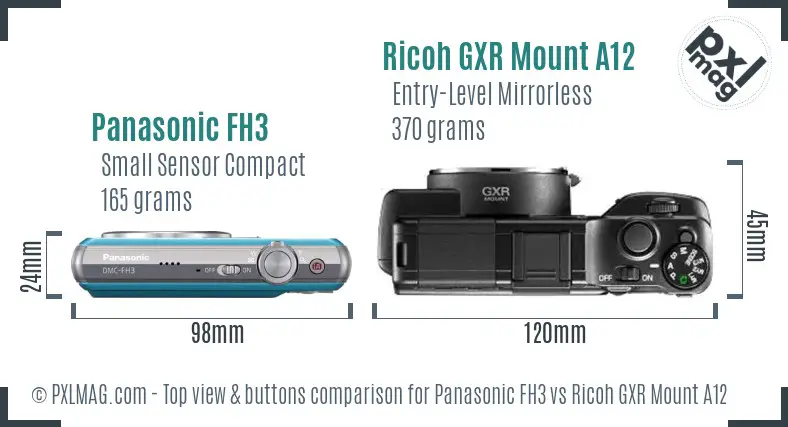 Panasonic FH3 vs Ricoh GXR Mount A12 top view buttons comparison Panasonic FH3 vs Ricoh GXR Mount A12 top view buttons comparison