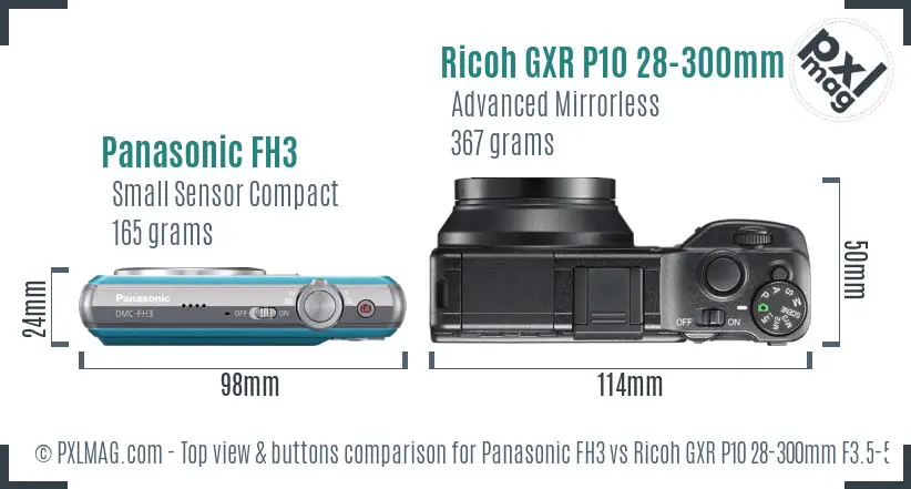 Panasonic FH3 vs Ricoh GXR P10 28-300mm F3.5-5.6 VC top view buttons comparison